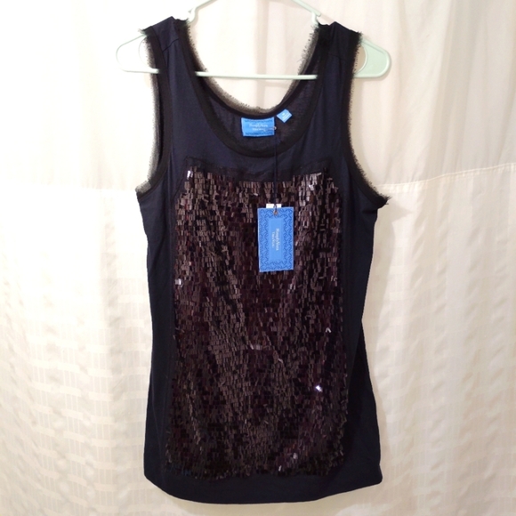 Simply Vera Vera Wang Tops - Vera Wang Tank Top Black Sequins Eyelash Lace Edges Cotton Blend Medium M